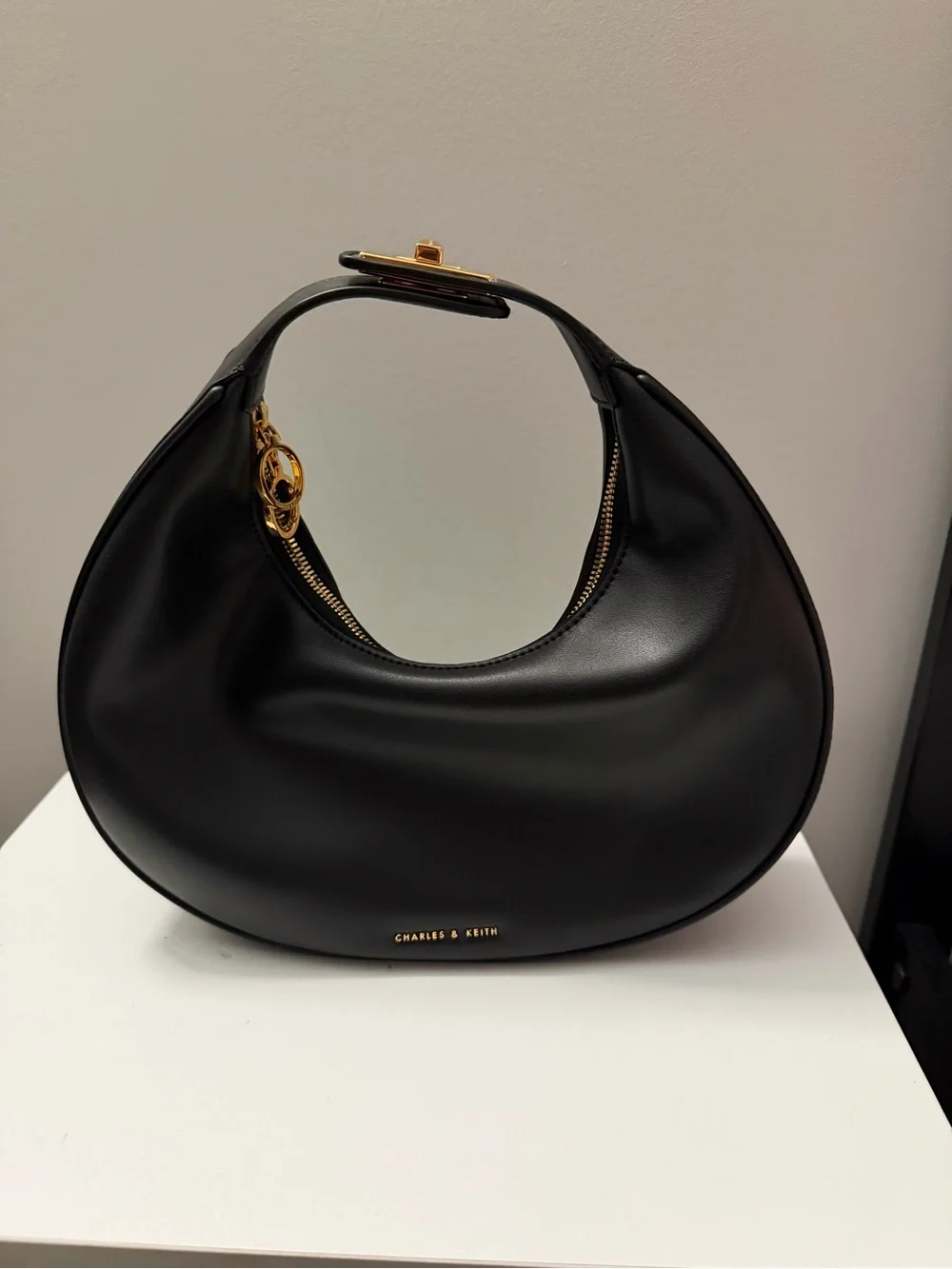 Charles & Keith Black Crescent Hobo with Gold Hardware + Strap Extender